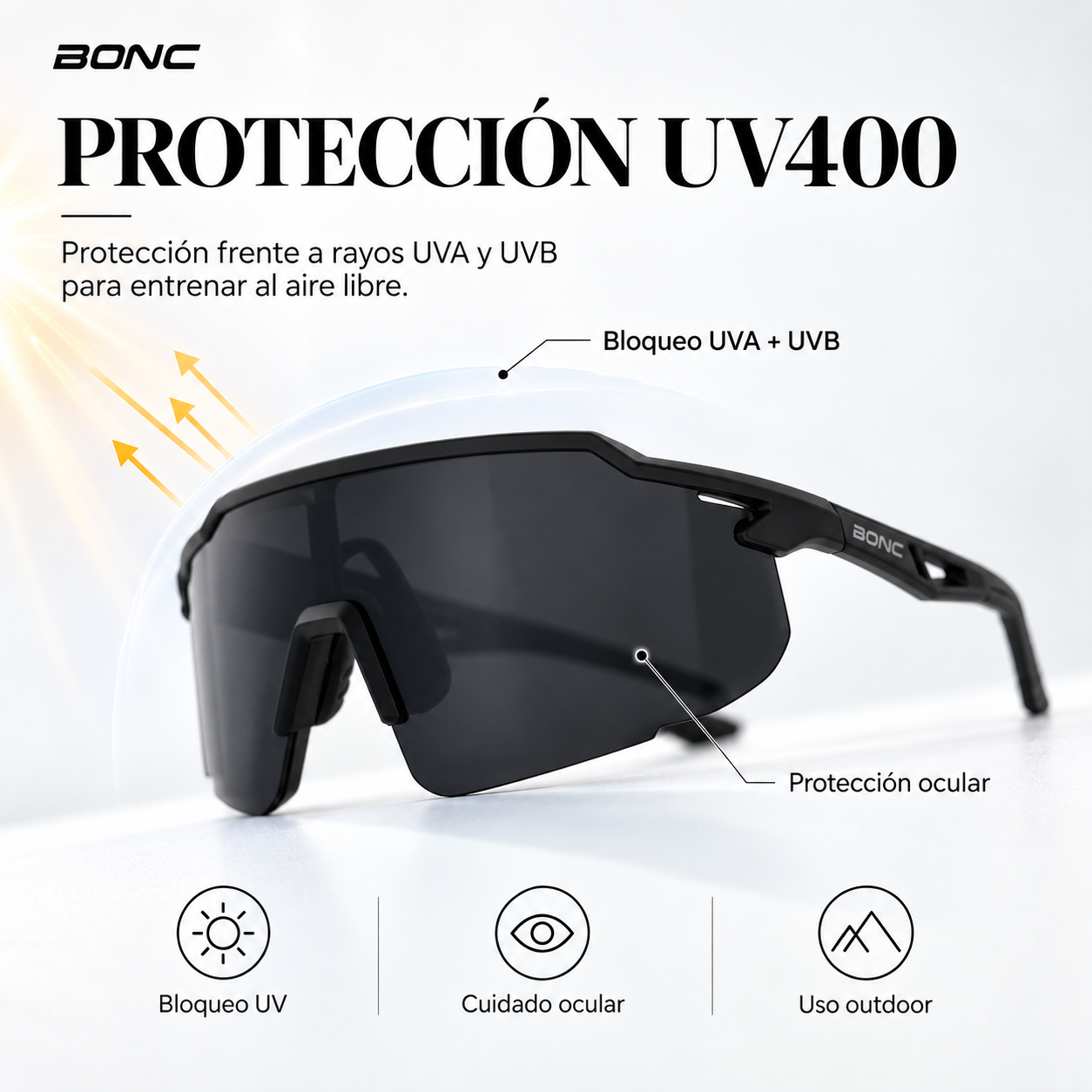 Anteojos deportivos BONC CROWN negros con protecci&oacute;n UV400 frente a rayos UVA y UVB.
